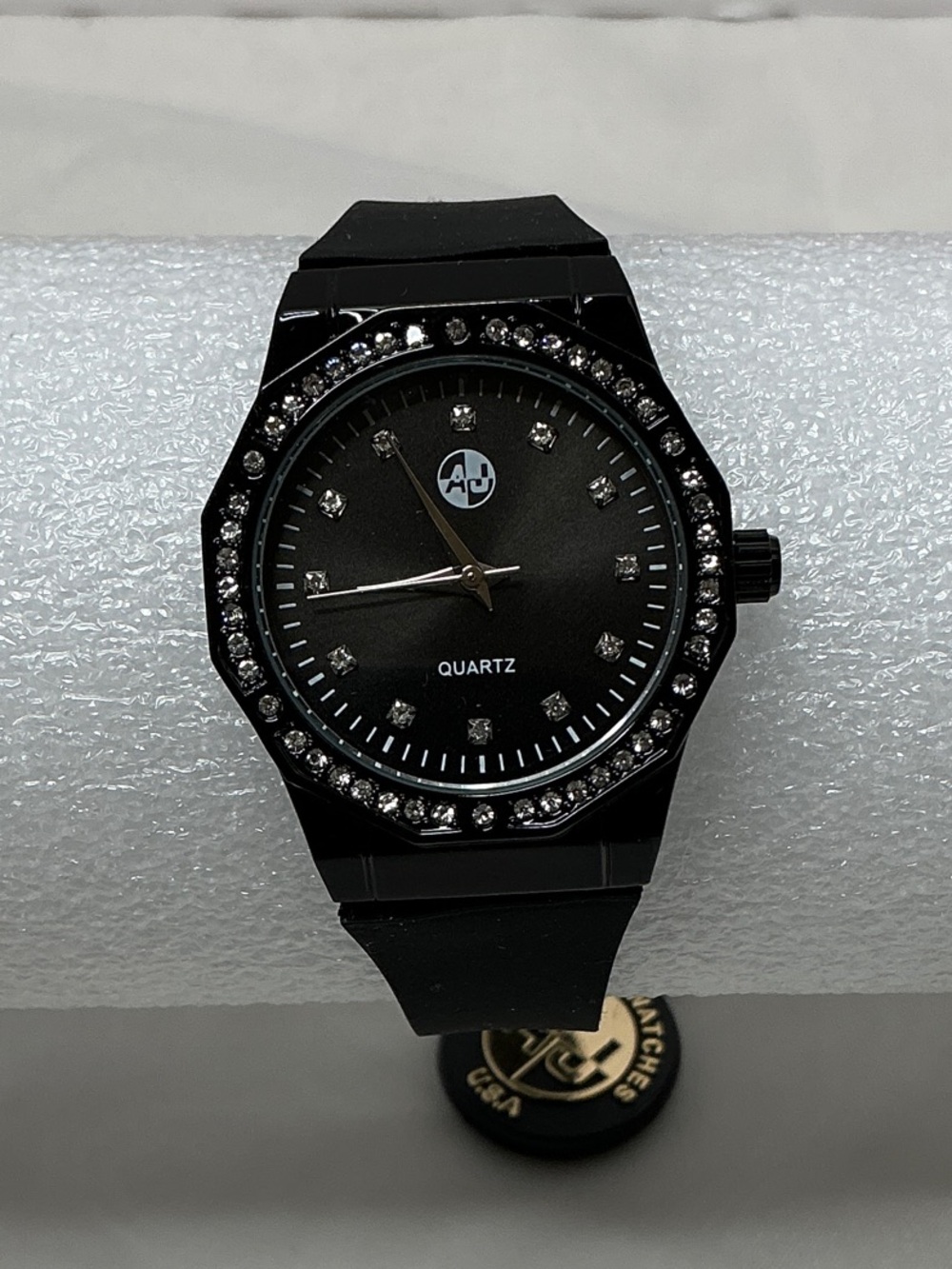 Women's Black Crystal Bezel Quartz Watch - VVS CZ CRYSTALS AJ BRAND